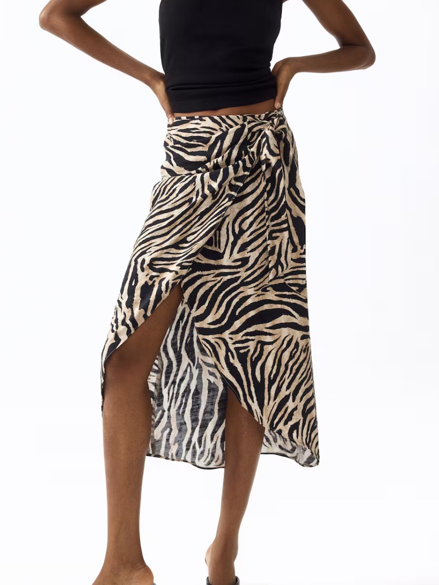 H&M Zebra-Print Wrap Midi Skirt In Black & Cream
